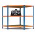 medium duty corner shelving, corner racking, 300kg UDL, blue orange, chipboard shelves, 3 levels