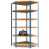 medium duty corner shelving, corner racking, 300kg UDL, blue orange, chipboard shelves, 6 levels
