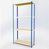 Medium Duty Steel Shelving Rax 2. Powder-coated in Blue & White with chipboard shelves which are more hygienic with a wipe-clean surface that provides good spill protection