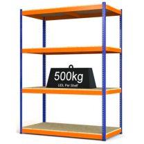 Rax 1 Heavy Duty Steel Shelving - H2000mm x W1500mm x D600mm - Blue and Orange with 4 Chipboard Shelves - 500kg UDL per shelf - Product Code: R1HB-BO-C