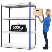 Heavy Duty Steel Shelving Rax 1 - Blue and White with Chipboard Shelves - various sizes. Store up to 500kgs uniformly distributed on each shelf. Powder coated blue and orange with tough chipboard shelves.