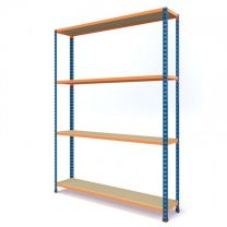Rax 2 Medium Duty Steel Shelving is designed to carry substantial loads of up to 300kg UDL per level. This blue and orange powder coated version with chipboard shelves is our most popular medium duty shelving for garages, sheds and light industrial use.