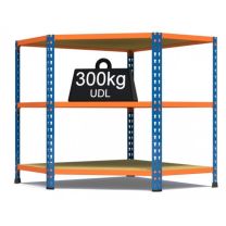 medium duty corner shelving, corner racking, 300kg UDL, blue orange, chipboard shelves, 3 levels