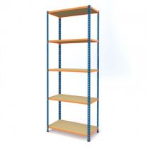 Rax 2 Medium Duty Steel Shelving - H2400mm x W900mm x D450mm - Blue and Orange with 5 Chipboard Shelves - 300kg UDL per shelf 