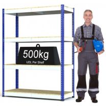 Heavy Duty Blue and White Shelving - 4 Chipboard Shelves - 500kg UDL - H2000 x W1500 x D450
