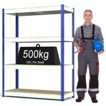 Heavy Duty Steel Shelving Rax 1 - Blue and White with Chipboard Shelves - various sizes