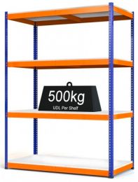 Heavy Duty Steel Shelving Rax 1 - Blue and Orange with Melamine Shelves - various sizes. Store up to 500kgs uniformly distributed on each shelf. Powder coated blue and orange with tough melamine shelves.