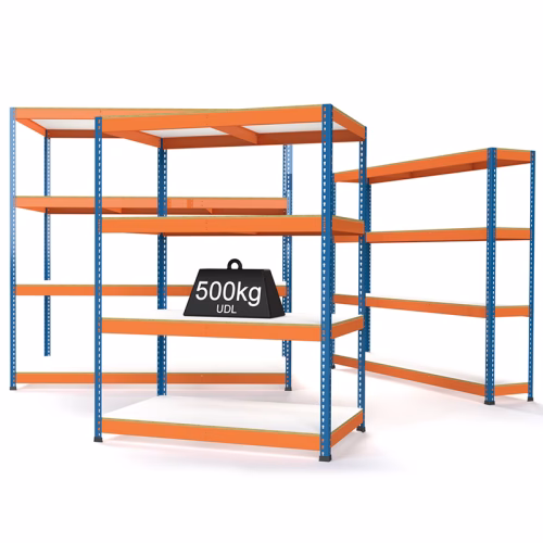 Heavy Duty Steel Shelving Rax 1 – Blue and Orange with Melamine Shelves